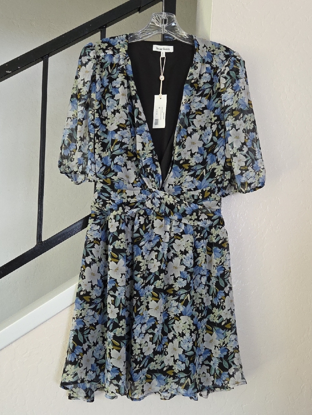 Heartloom Black & Blue Floral V-Neck Mini Dress
